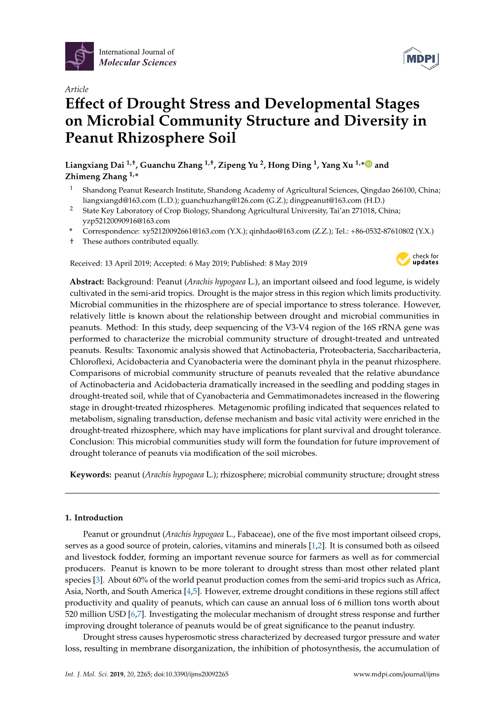 Effect of Drought Stress and Developmental Stages on Microbial Community Structure and Diversity in Peanut Rhizosphere Soil