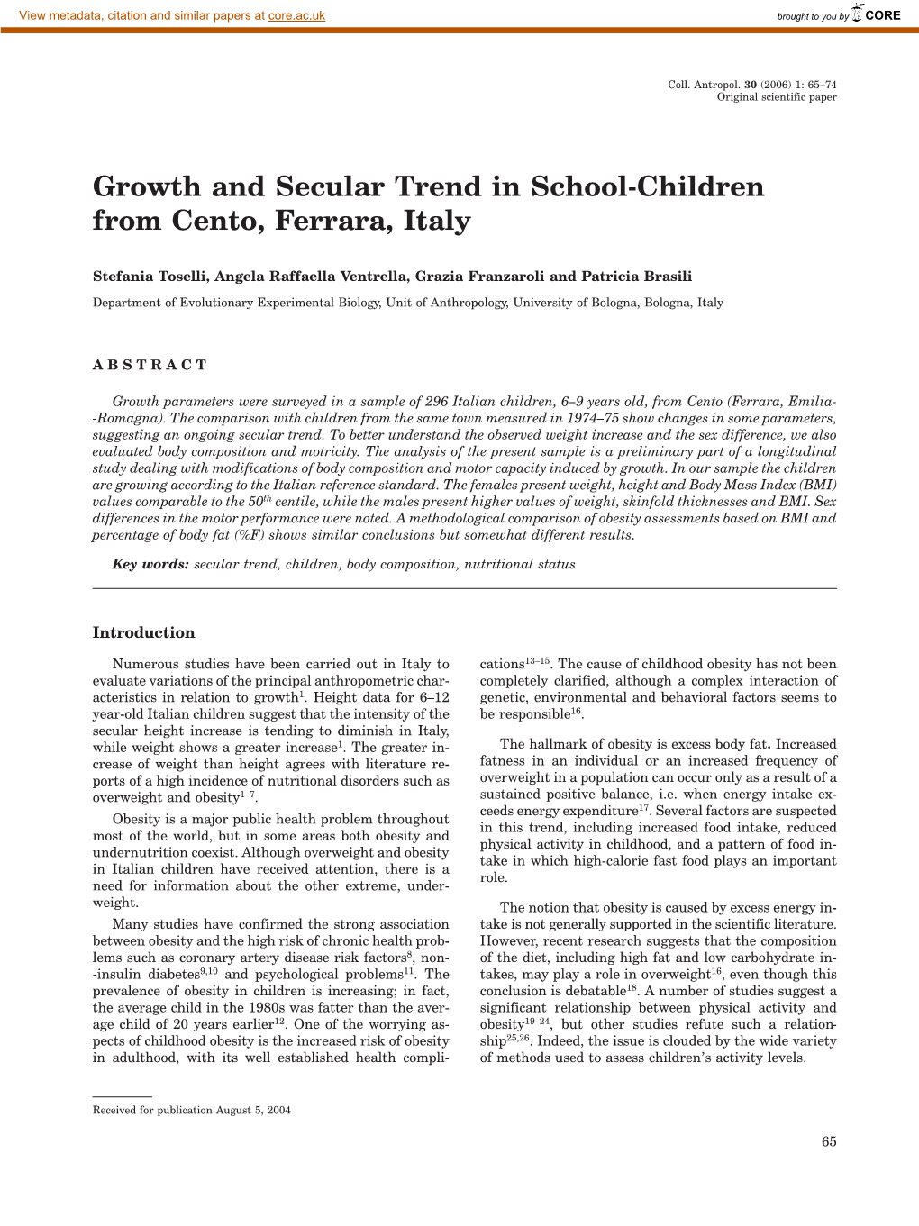 Growth and Secular Trend in School-Children from Cento, Ferrara, Italy