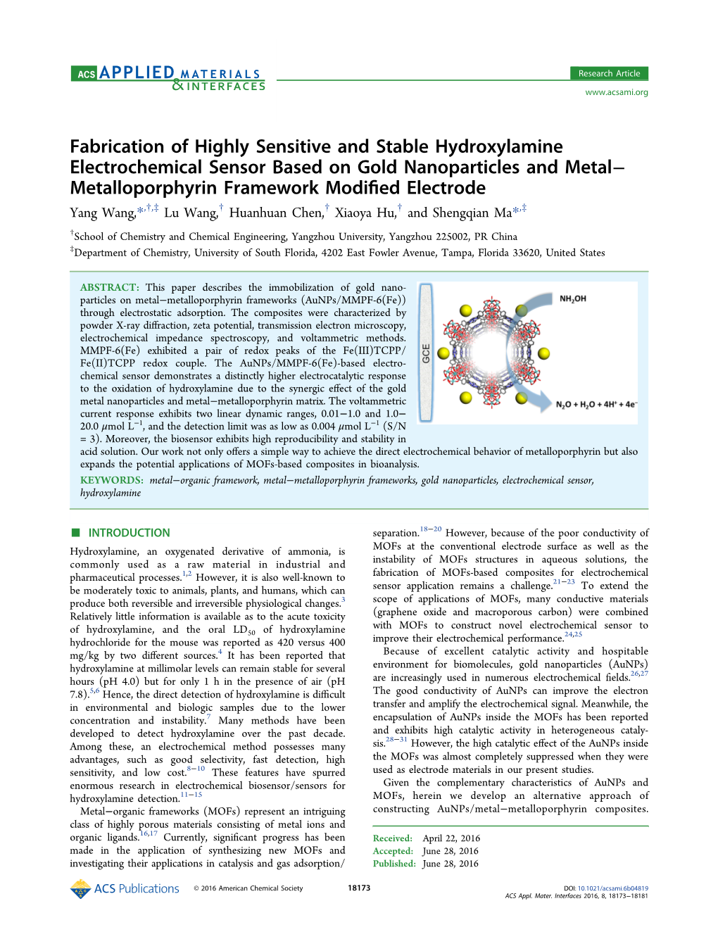 Fabrication of Highly Sensitive and Stable Hydroxylamine