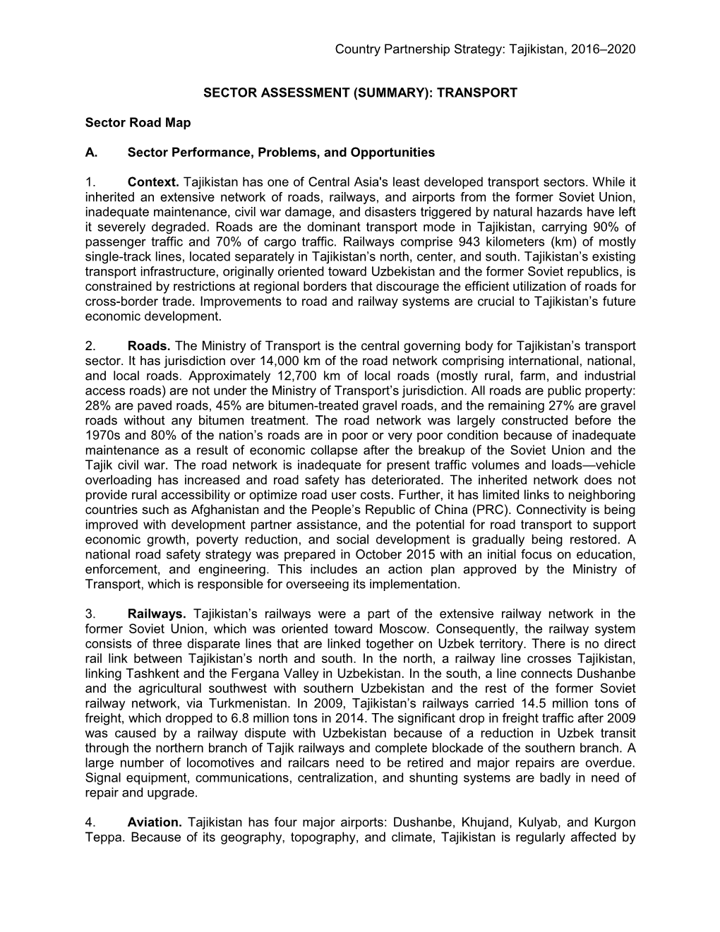 Country Partnership Strategy: Tajikistan, 2016–2020 SECTOR