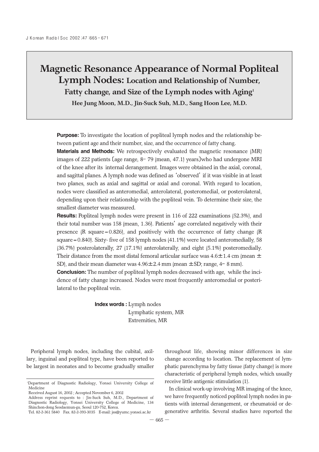 Magnetic Resonance Appearance of Normal Popliteal Lymph Nodes