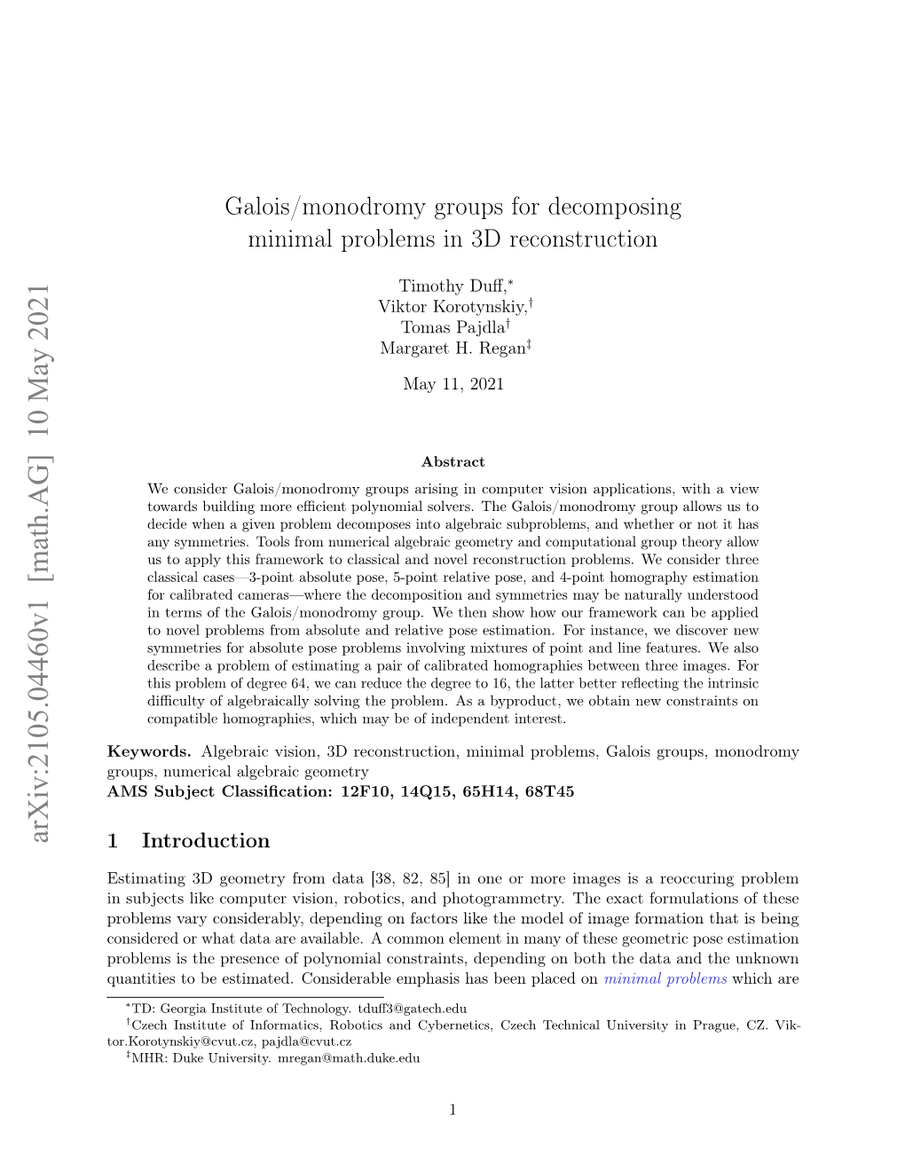 Galois/Monodromy Groups for Decomposing Minimal Problems in 3D Reconstruction