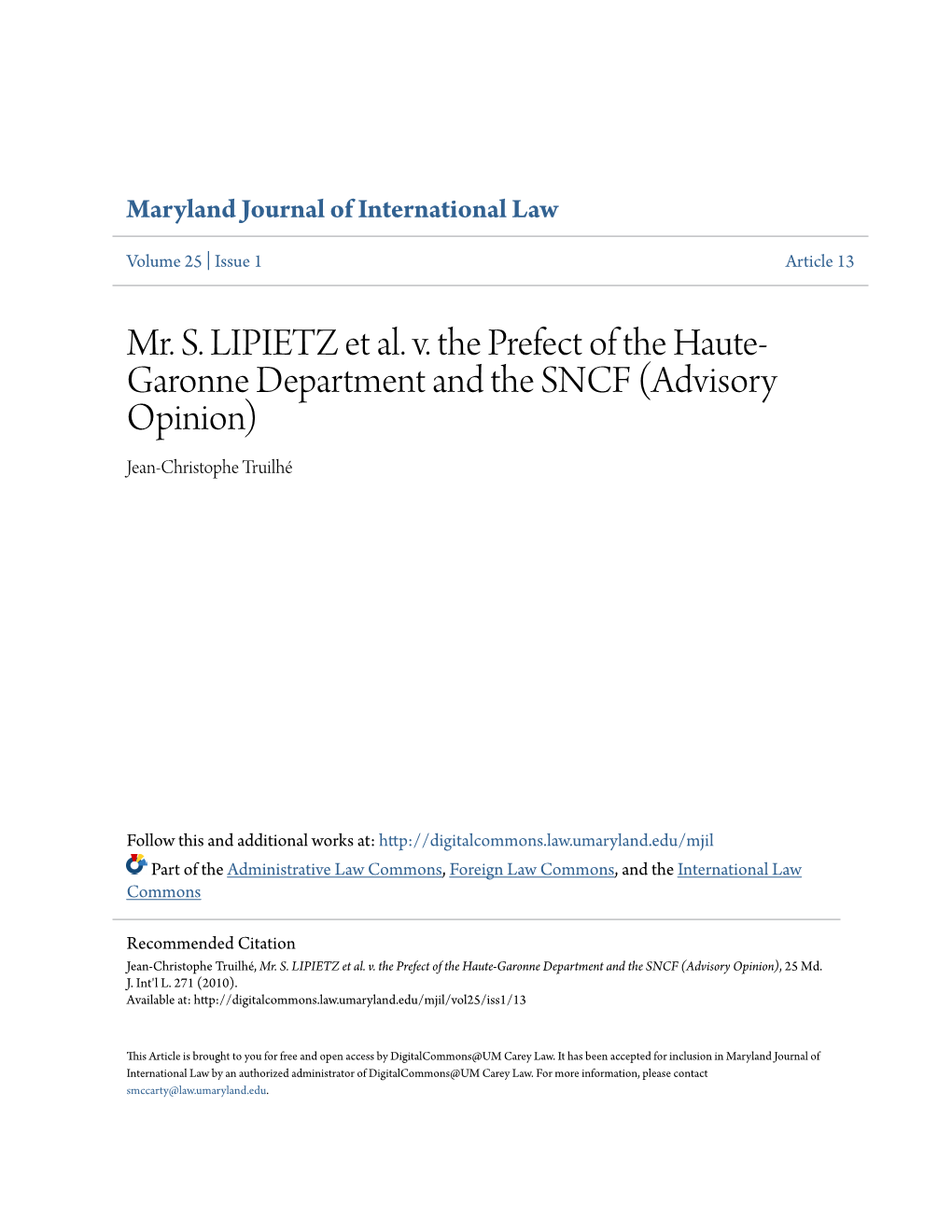 Mr. S. LIPIETZ Et Al. V. the Prefect of the Haute- Garonne Department and the SNCF (Advisory Opinion) Jean-Christophe Truilhé