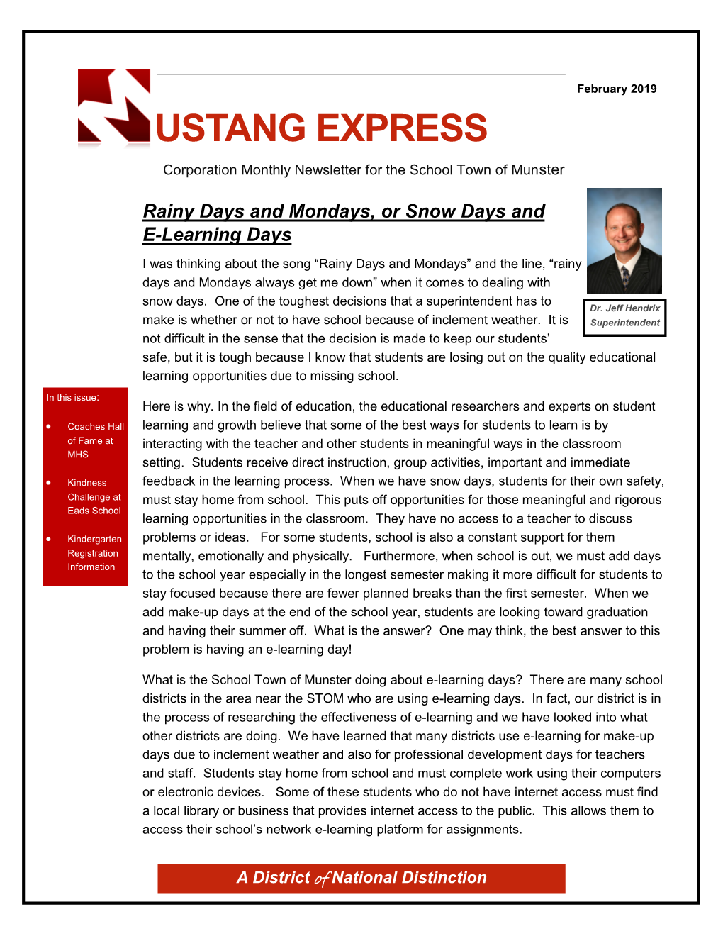 USTANG EXPRESS Corporation Monthly Newsletter for the School Town of Munster