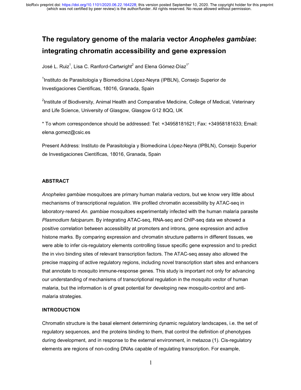 The Regulatory Genome of the Malaria Vector Anopheles Gambiae: Integrating Chromatin Accessibility and Gene Expression