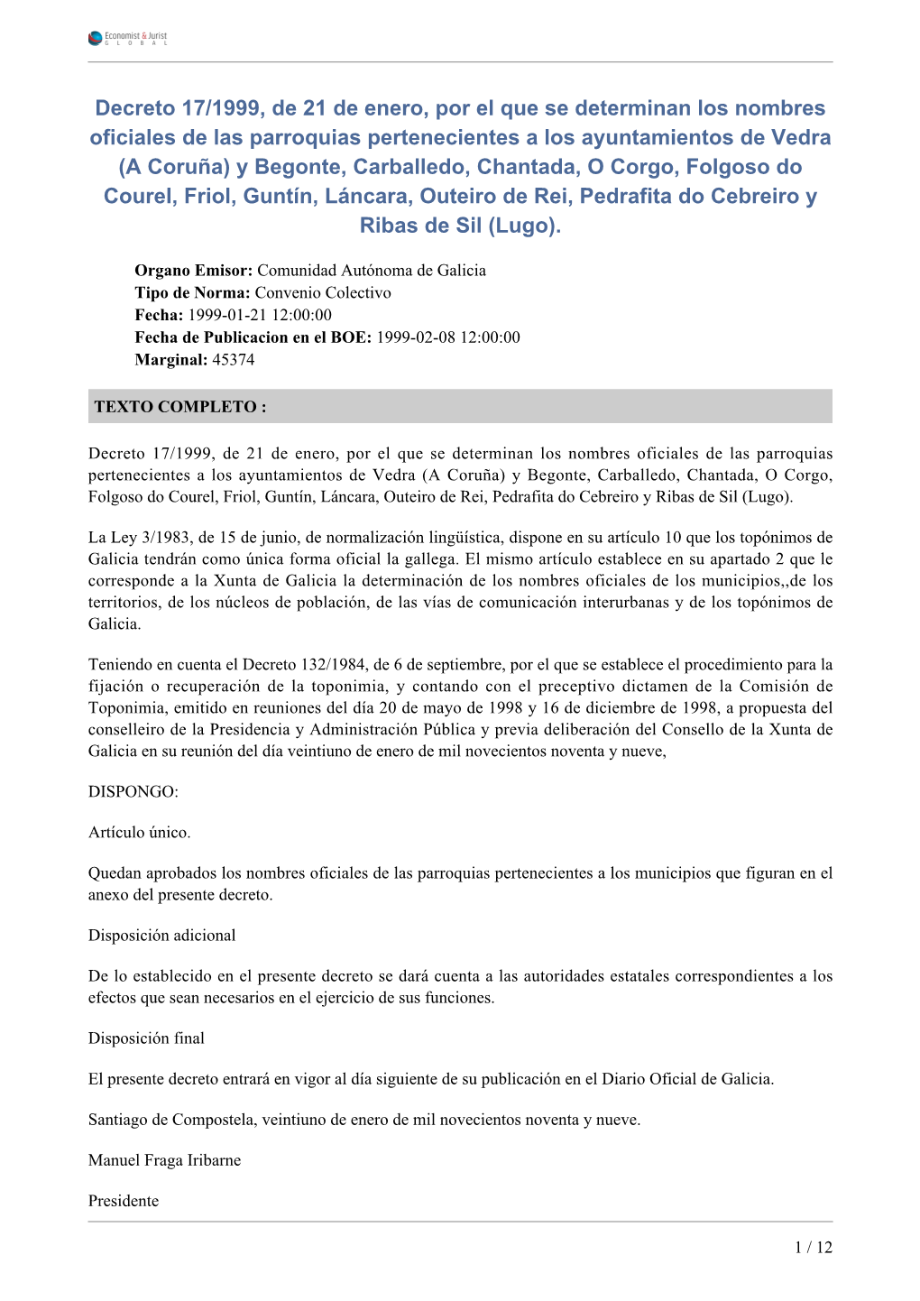 Decreto 17/1999, De 21 De Enero, Por El Que Se Determinan Los Nombres