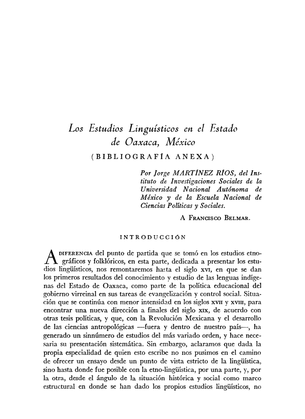 Los Estudios Linguísticos En El Estatto De Oaxaca, México (BIBLIOGRAFÍA ANEXA)