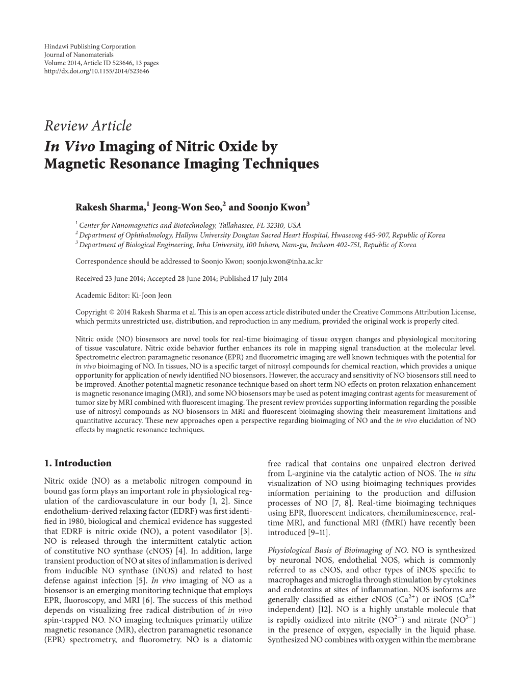 In Vivo Imaging of Nitric Oxide by Magnetic Resonance Imaging Techniques