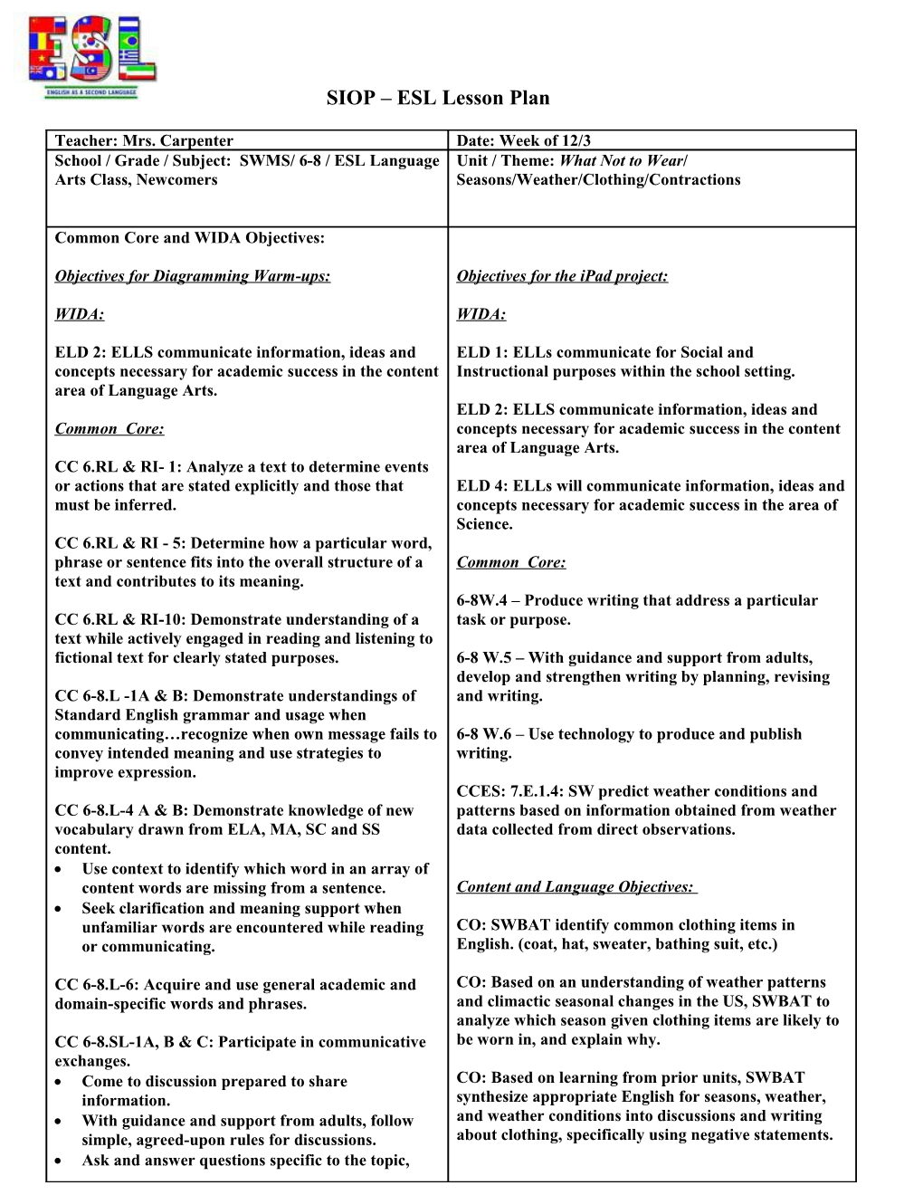 Siop Lesson Plan