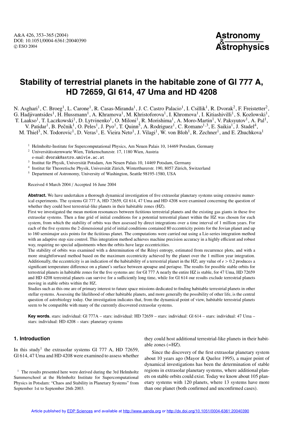 Stability of Terrestrial Planets in the Habitable Zone of Gl 777 A, HD 72659, Gl 614, 47 Uma and HD 4208