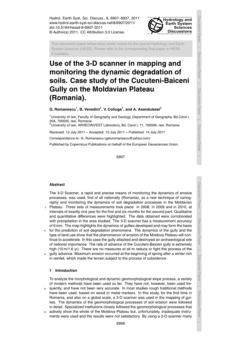 Use of the 3-D Scanner in Mapping and Monitoring the Dynamic