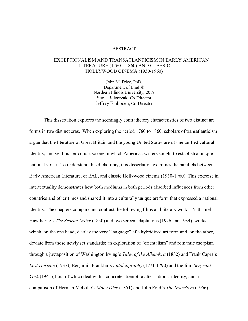 Exceptionalism and Transatlanticism in Early American Literature (1760 – 1860) and Classic Hollywood Cinema (1930-1960)