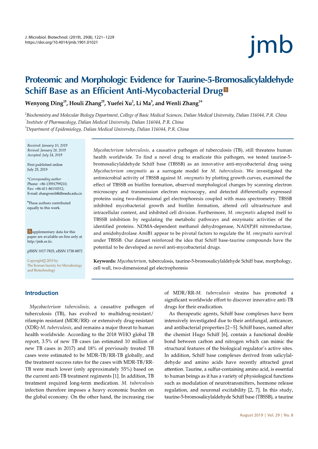 Proteomic and Morphologic Evidence for Taurine-5-Bromosalicylaldehyde Schiff Base As an Efficient Anti-Mycobacterial Drug