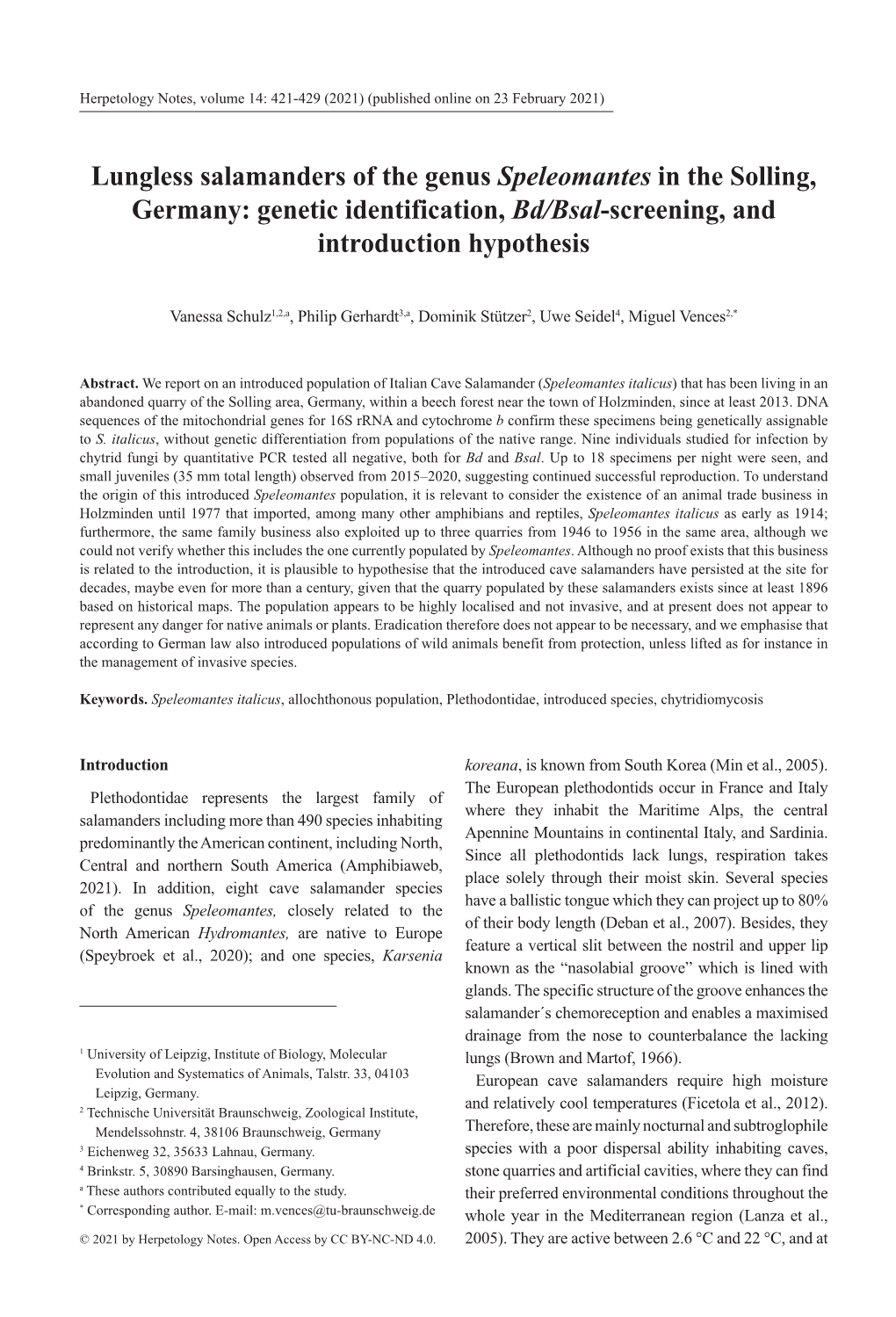 Lungless Salamanders of the Genus Speleomantes in the Solling, Germany: Genetic Identification, Bd/Bsal-Screening, and Introduction Hypothesis