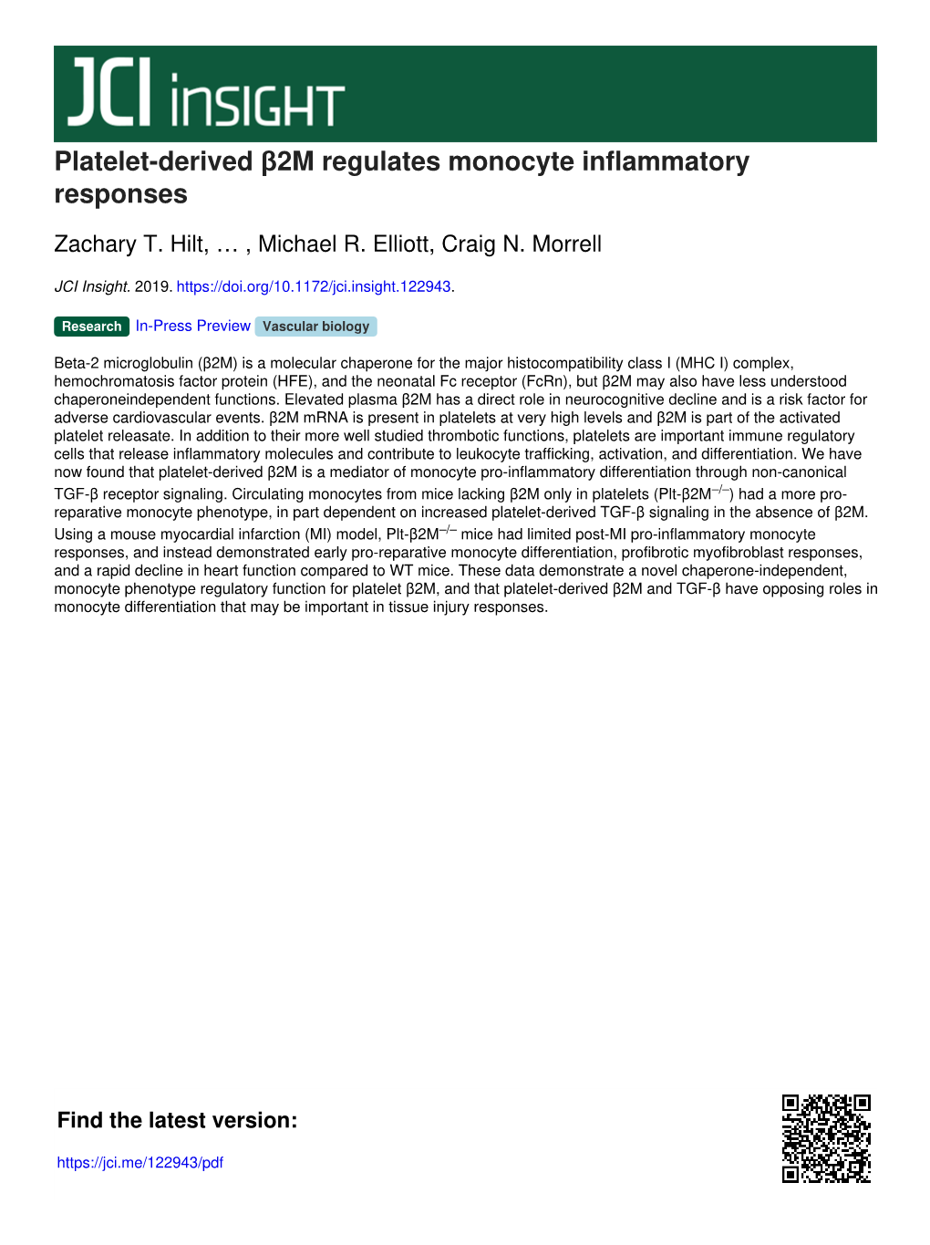 Platelet-Derived Β2m Regulates Monocyte Inflammatory Responses