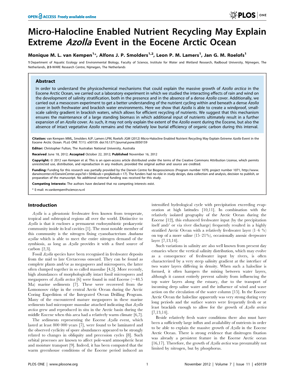 Micro-Halocline Enabled Nutrient Recycling May Explain Extreme Azolla Event in the Eocene Arctic Ocean