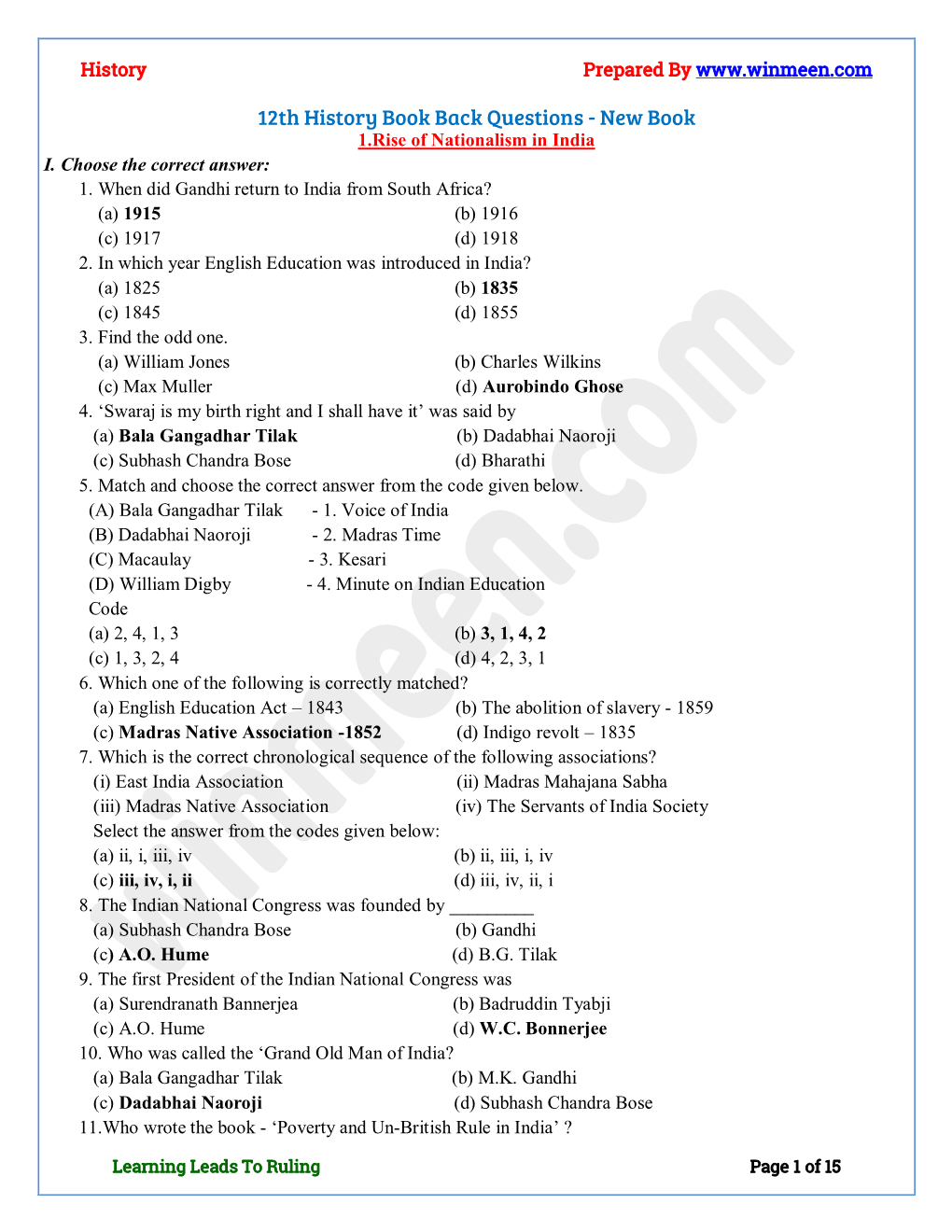 12Th History Book Back Questions - New Book 1.Rise of Nationalism in India I