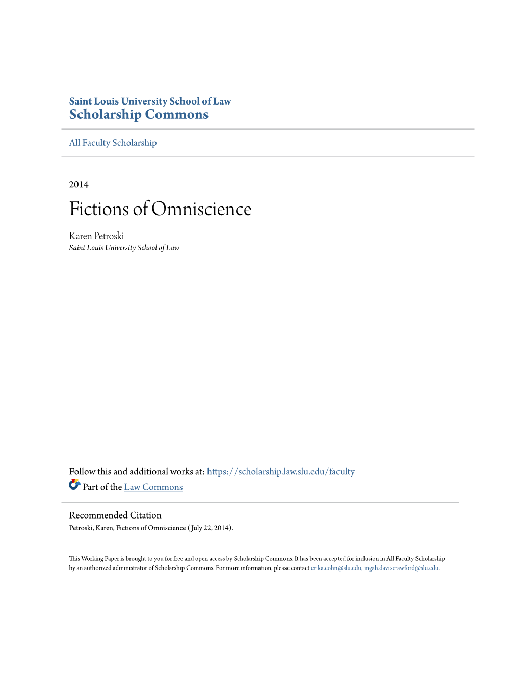 Fictions of Omniscience Karen Petroski Saint Louis University School of Law