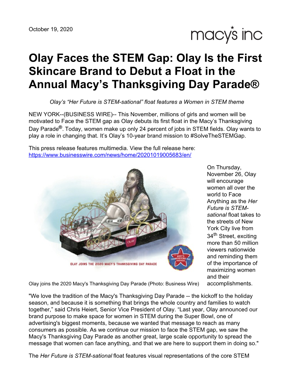 Olay Faces the STEM Gap: Olay Is the First Skincare Brand to Debut a Float in the Annual Macy’S Thanksgiving Day Parade®