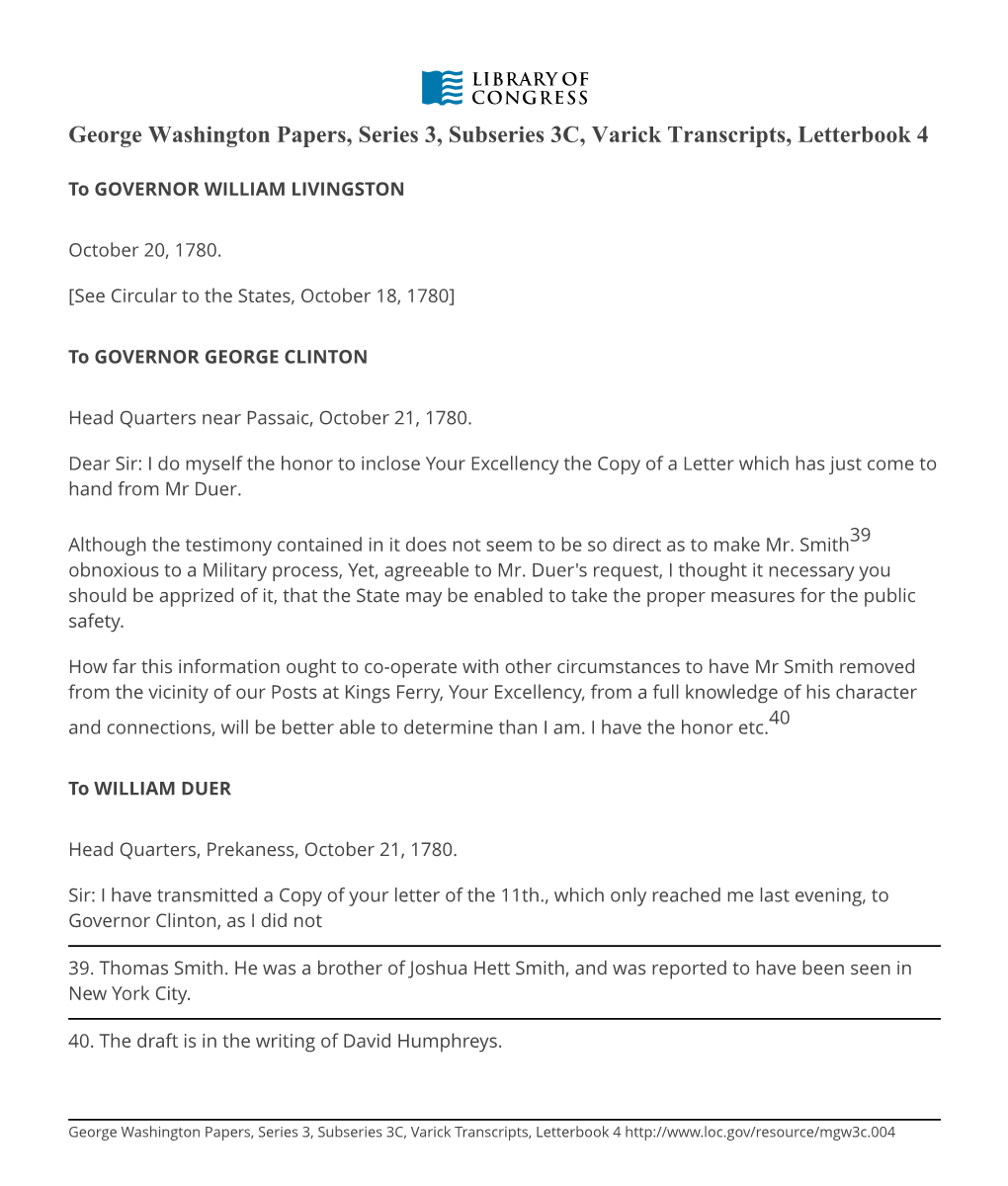 George Washington Papers, Series 3, Subseries 3C, Varick Transcripts, Letterbook 4