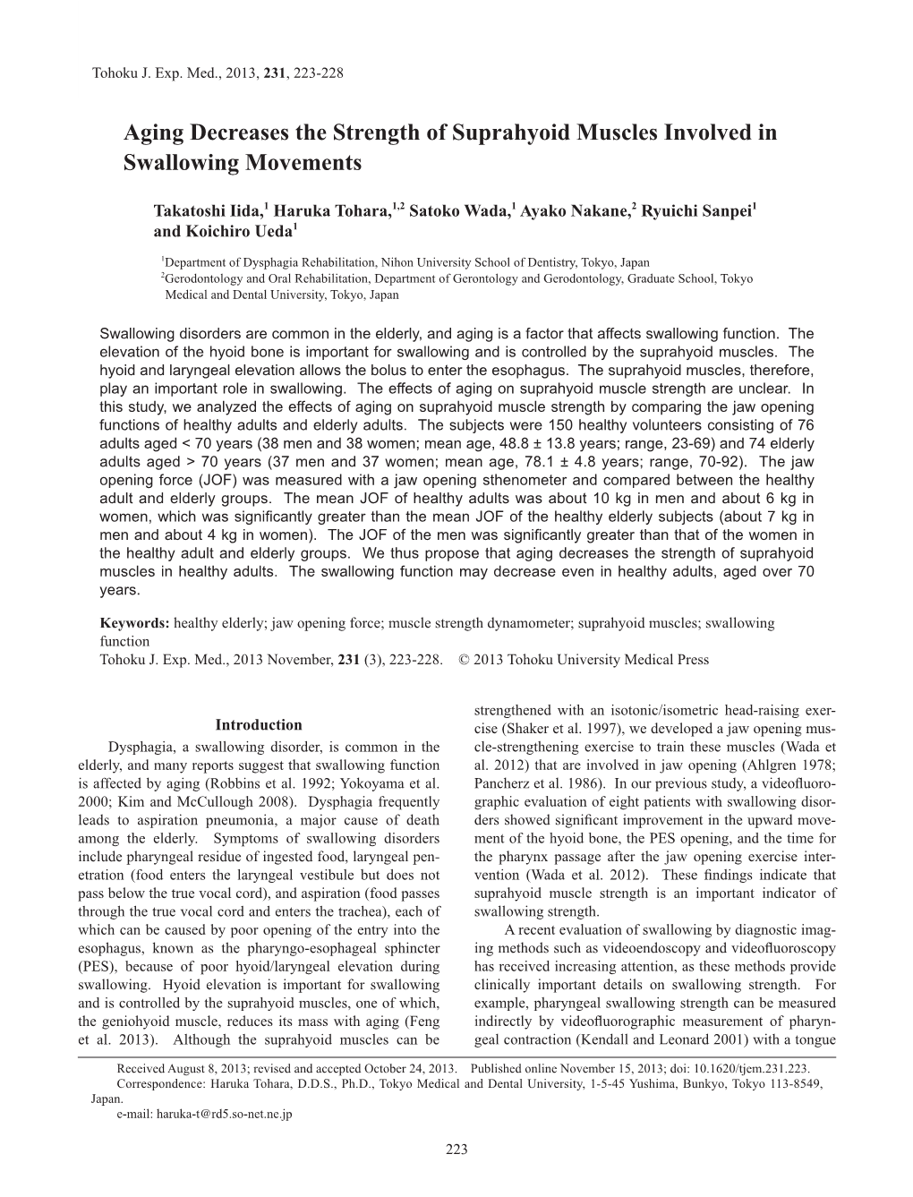 Aging Decreases the Strength of Suprahyoid Muscles Involved in Swallowing Movements