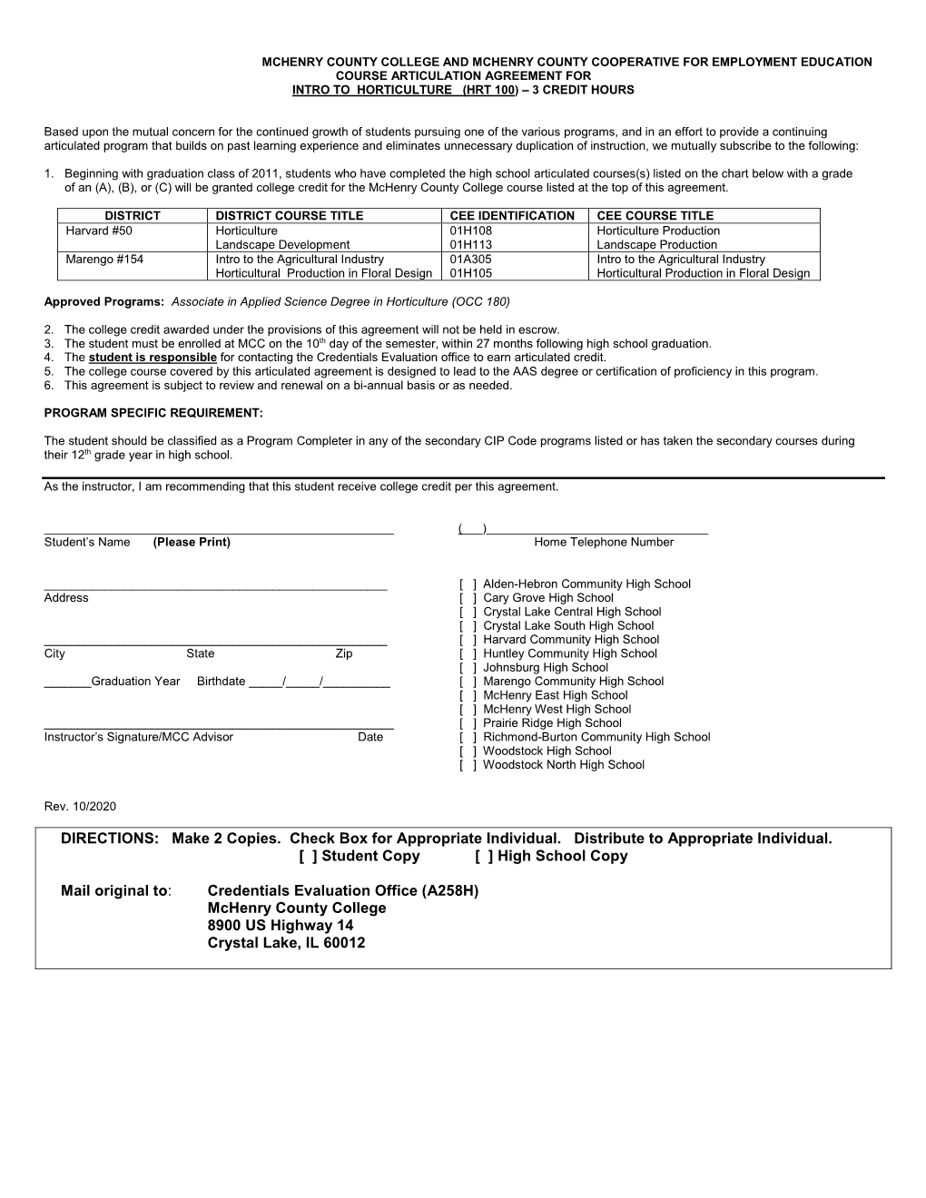 Intro to Horticulture (HRT 100) Course Articulation Agreement