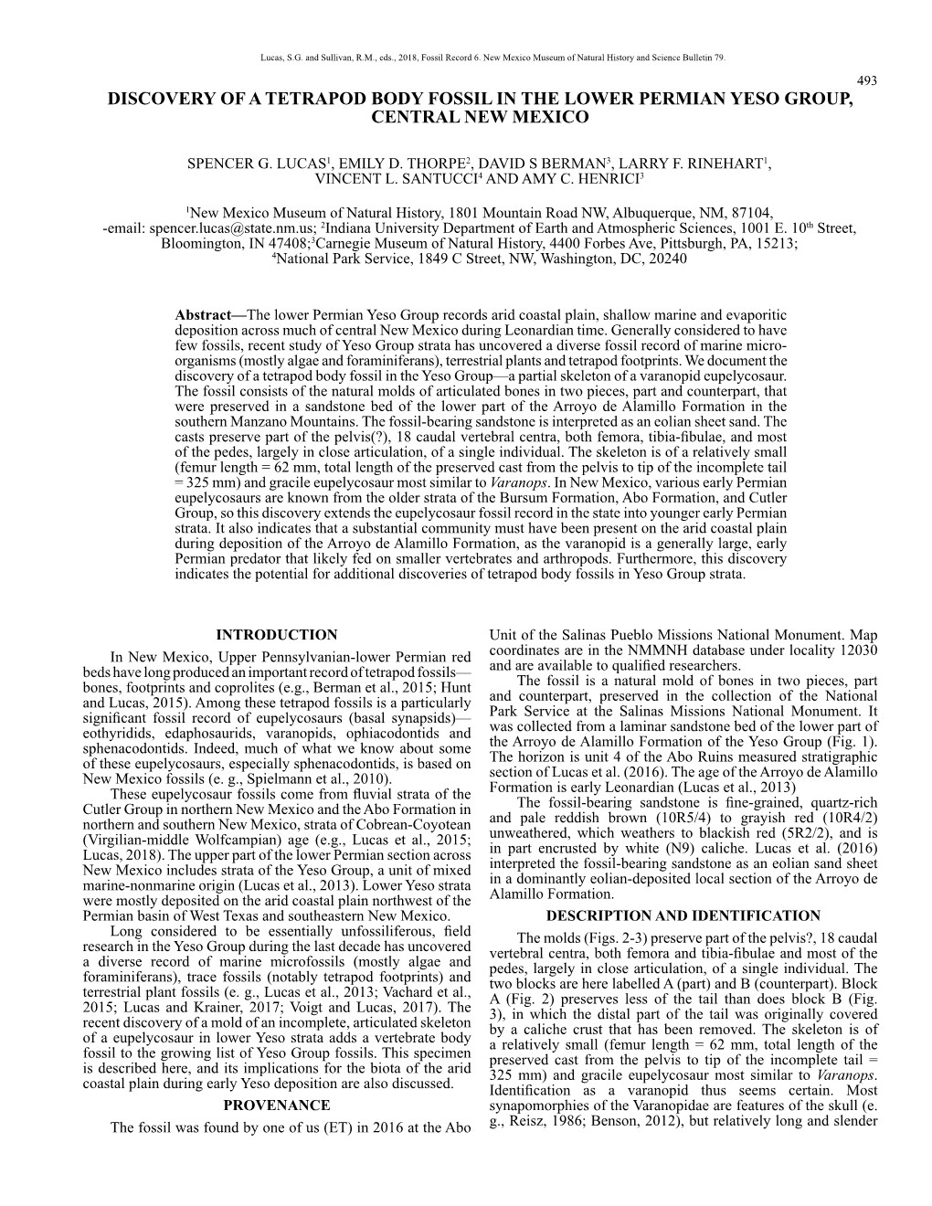 Discovery of a Tetrapod Body Fossil in the Lower Permian Yeso Group, Central New Mexico