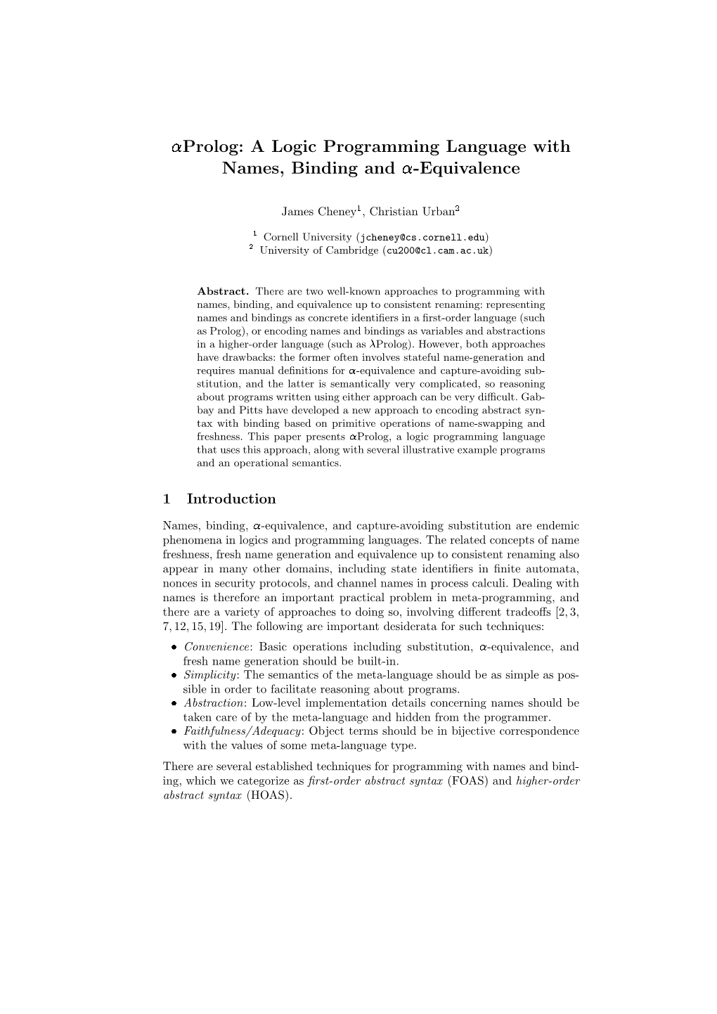 Prolog: a Logic Programming Language with Names, Binding and -Equivalence