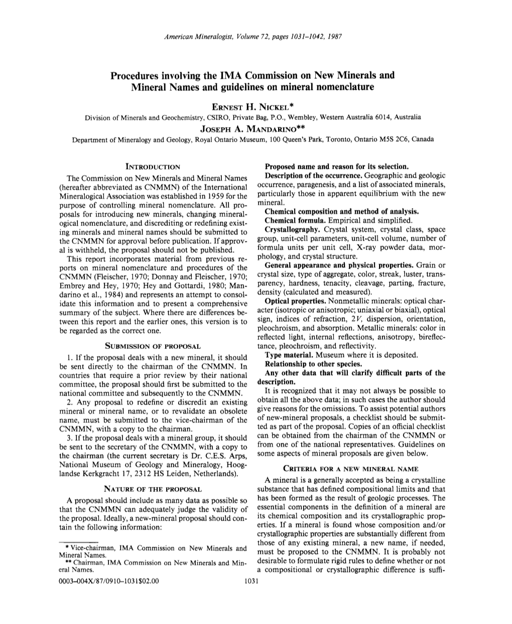 Procedures Involving the IMA Commission on New Minerals and Mineral Names and Guidelines on Mineral Nomenclature