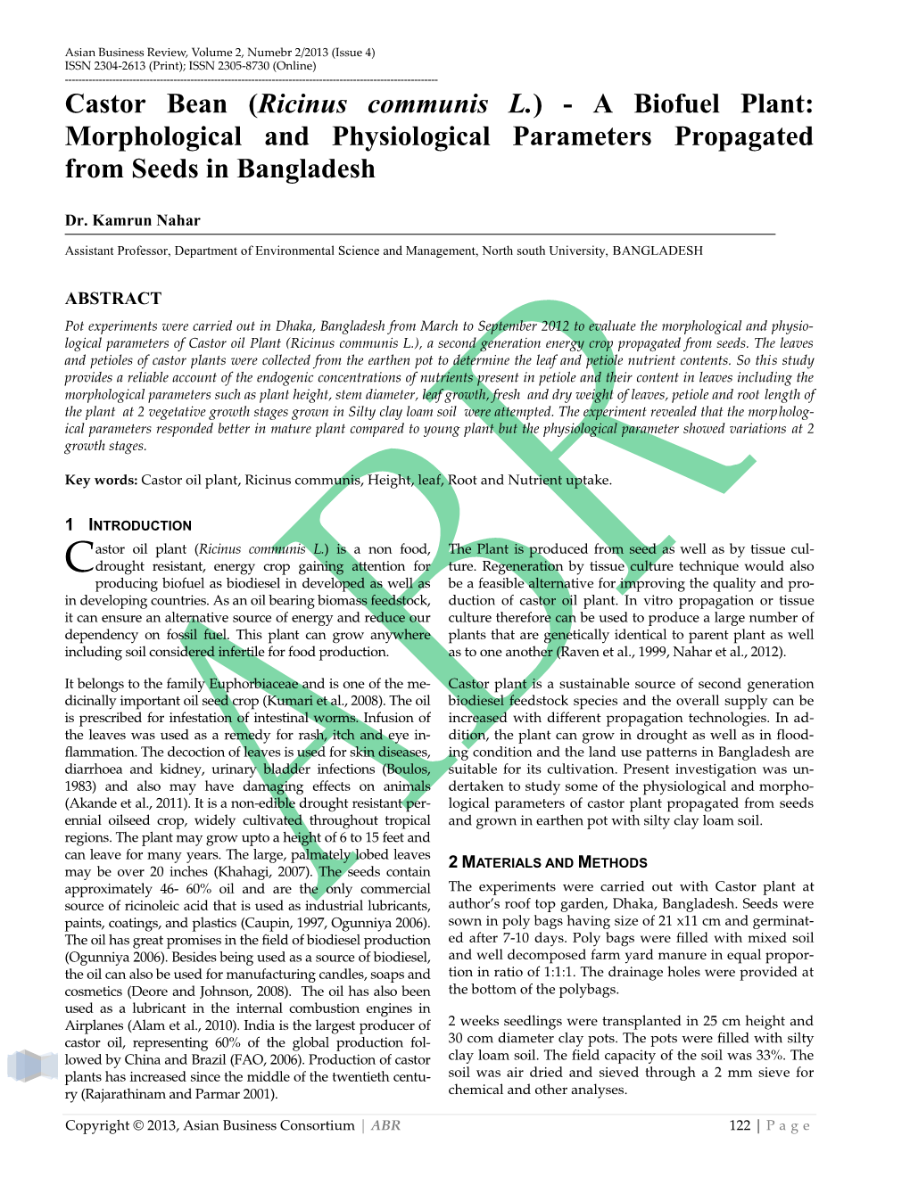 Ricinus Communis L.) - a Biofuel Plant: Morphological and Physiological Parameters Propagated from Seeds in Bangladesh