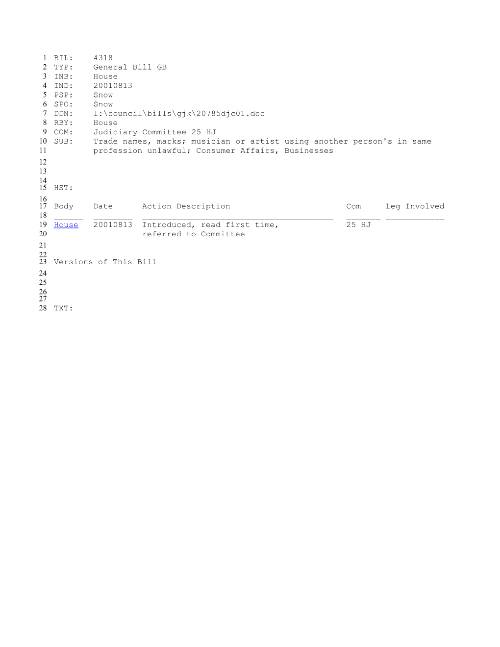 2001-2002 Bill 4318: Trade Names, Marks; Musician Or Artist Using Another Person's in Same