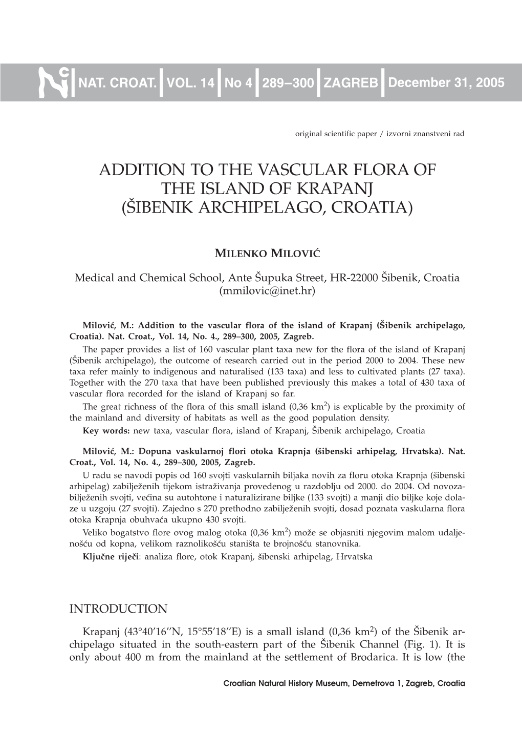Addition to the Vascular Flora of the Island of Krapanj ([Ibenik Archipelago, Croatia)