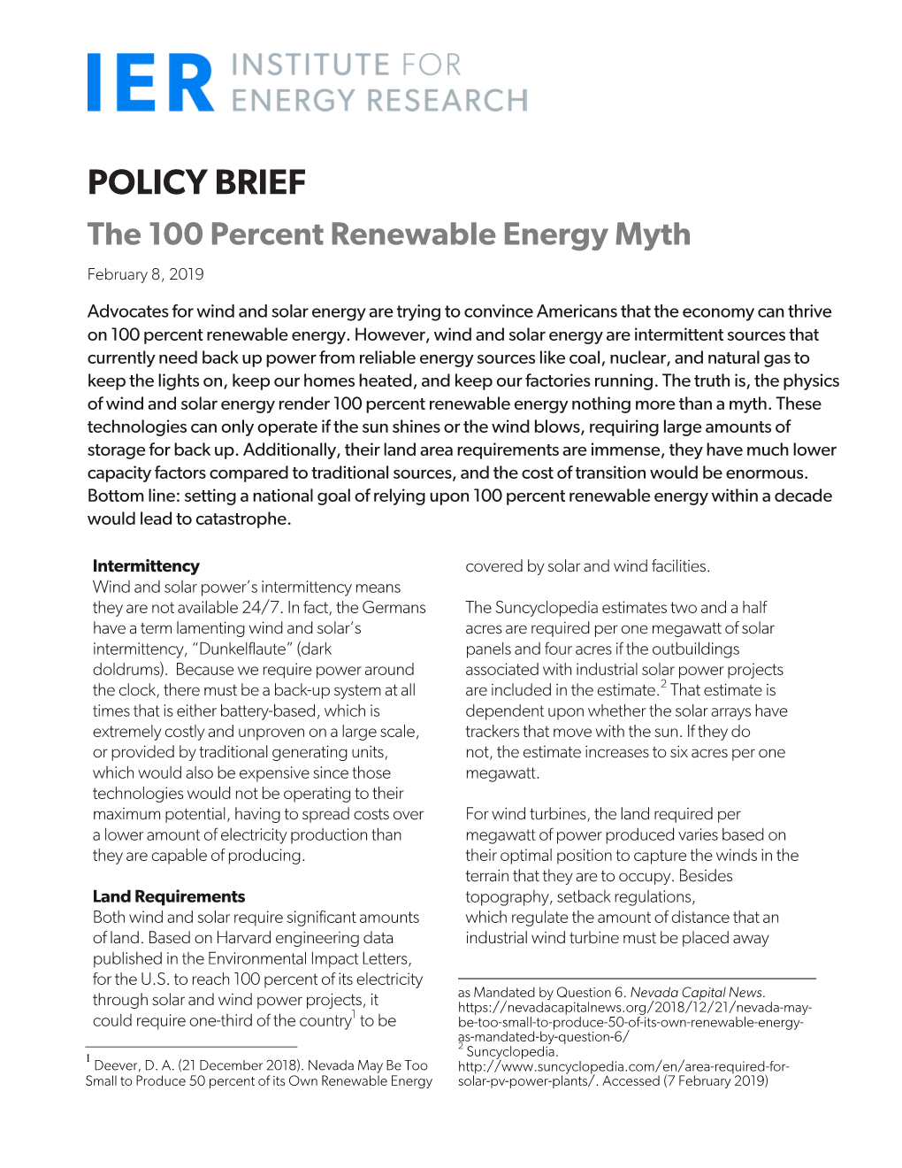 POLICY BRIEF the 100 Percent Renewable Energy Myth