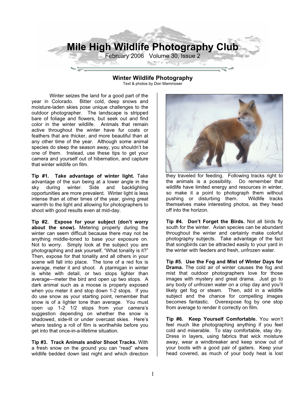 Mile High Wildlife Photography Club February 2006 Volume 30, Issue 2