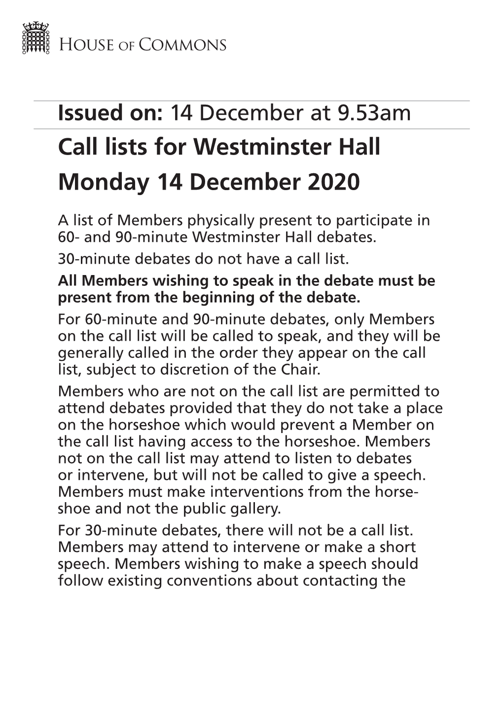 Westminster Hall Monday 14 December 2020