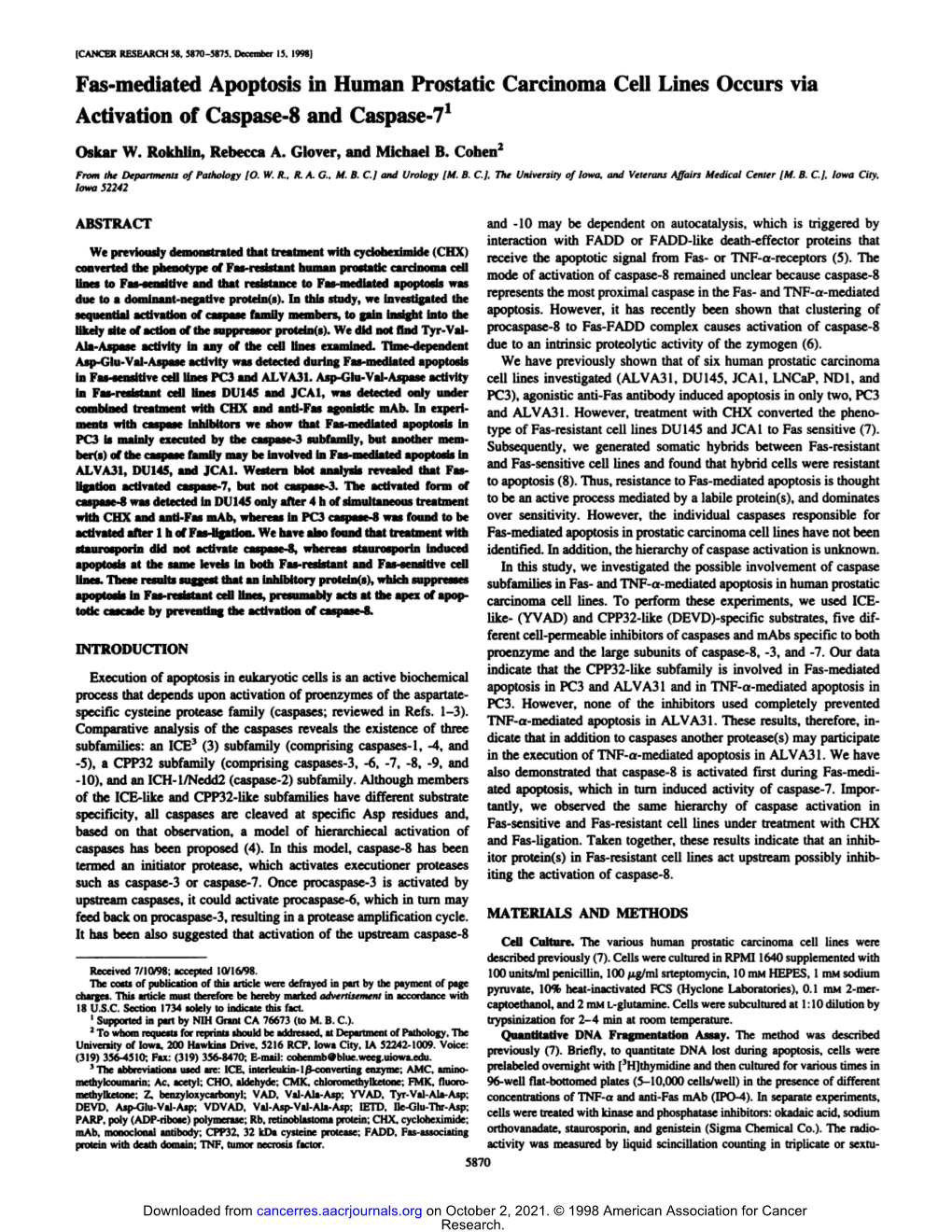 Fas-Mediated Apoptosis in Human Prostatic Carcinoma Cell Lines Occurs Via Activation of Caspase-8 and Caspase-71