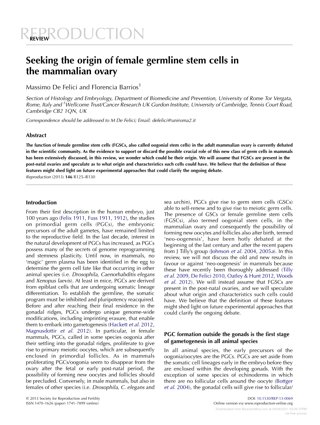 Seeking the Origin of Female Germline Stem Cells in the Mammalian Ovary