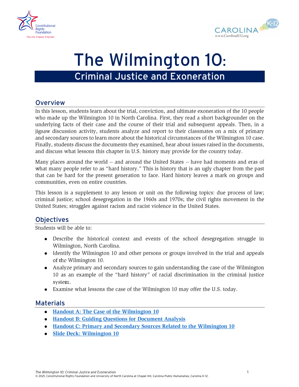 The Wilmington 10: Criminal Justice and Exoneration