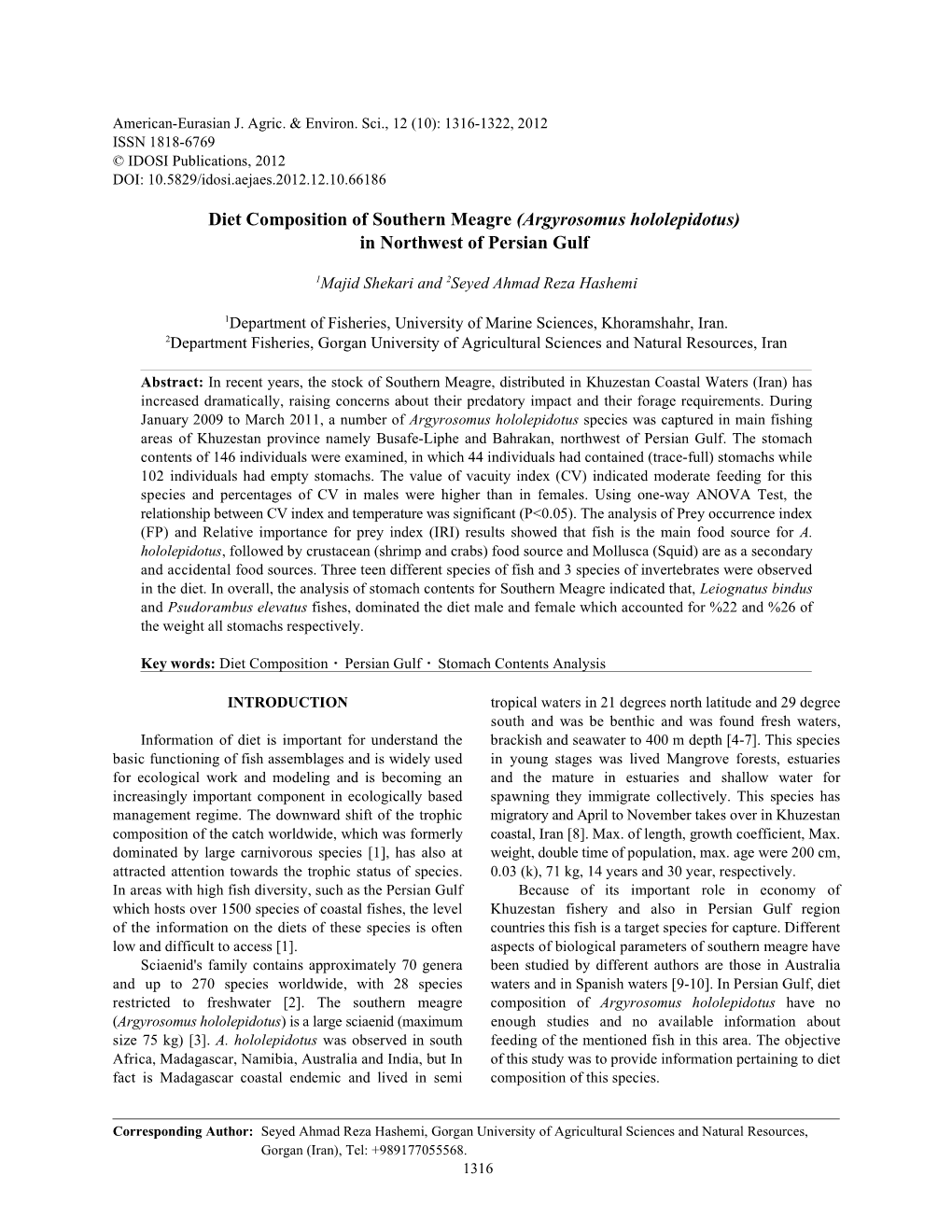 Diet Composition of Southern Meagre (Argyrosomus Hololepidotus) in Northwest of Persian Gulf