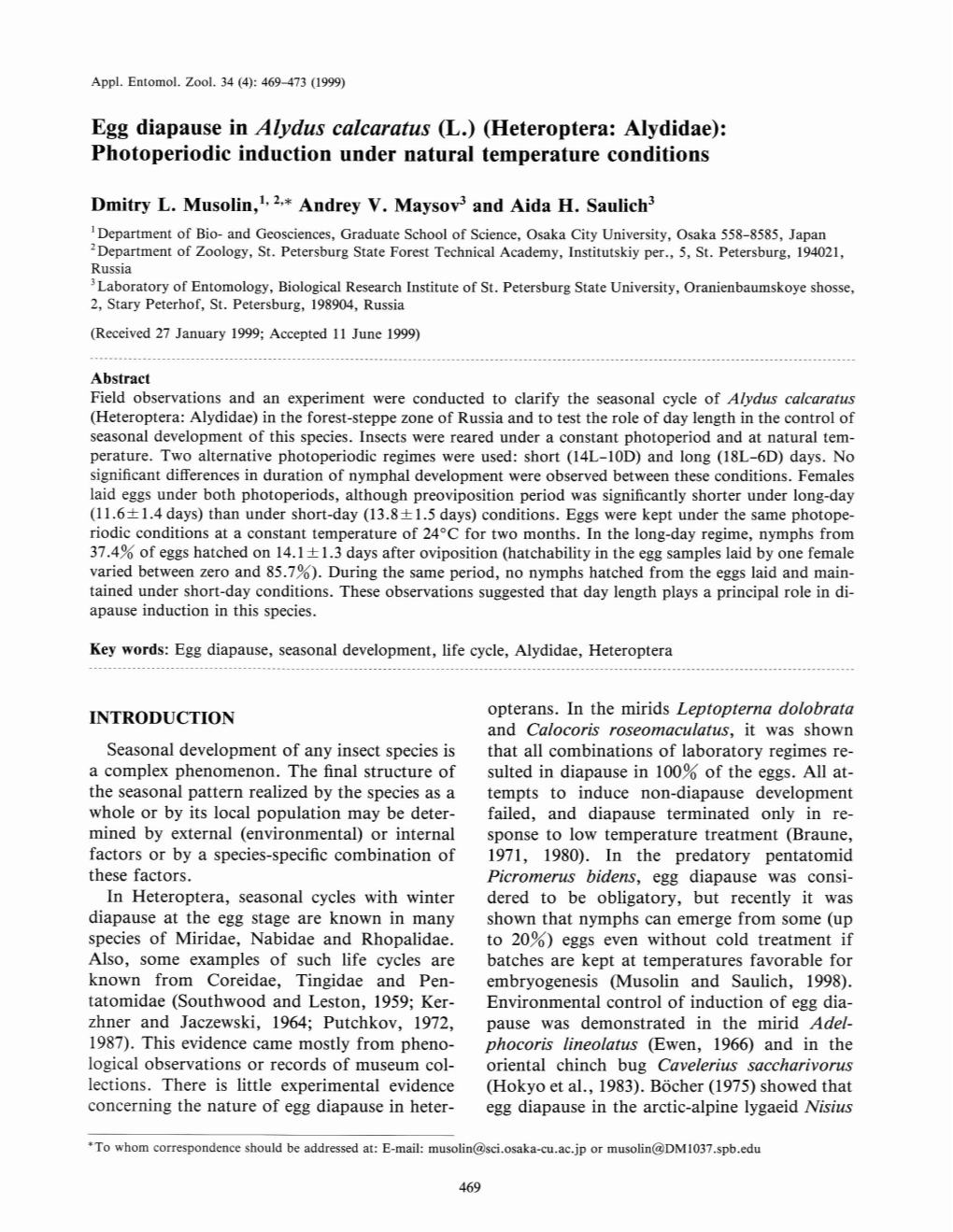 Egg Diapause in Alydus Calcaratus (L.) (Heteroptera: Alydidae): Photoperiodic Induction Under Natural Temperature Conditions