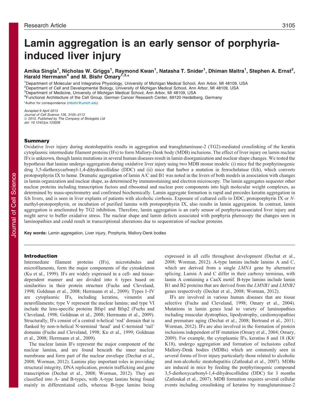 Lamin Aggregation Is an Early Sensor of Porphyria- Induced Liver Injury