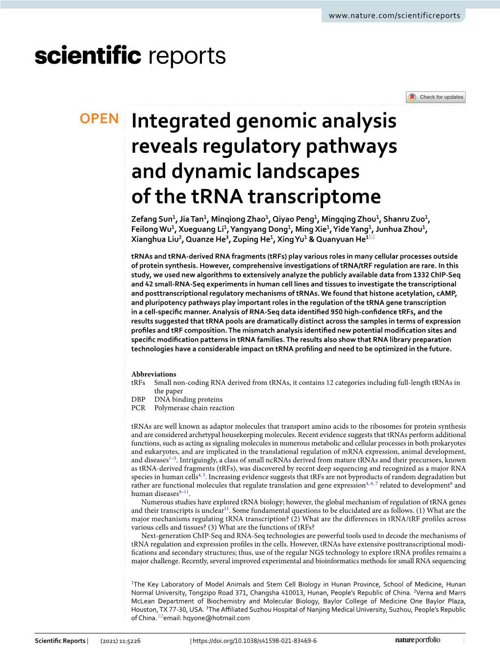 Integrated Genomic Analysis Reveals Regulatory Pathways and Dynamic Landscapes of the Trna Transcriptome
