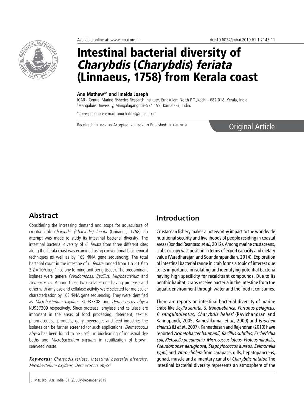Intestinal Bacterial Diversity of Charybdis (Charybdis) Feriata (Linnaeus, 1758) from Kerala Coast