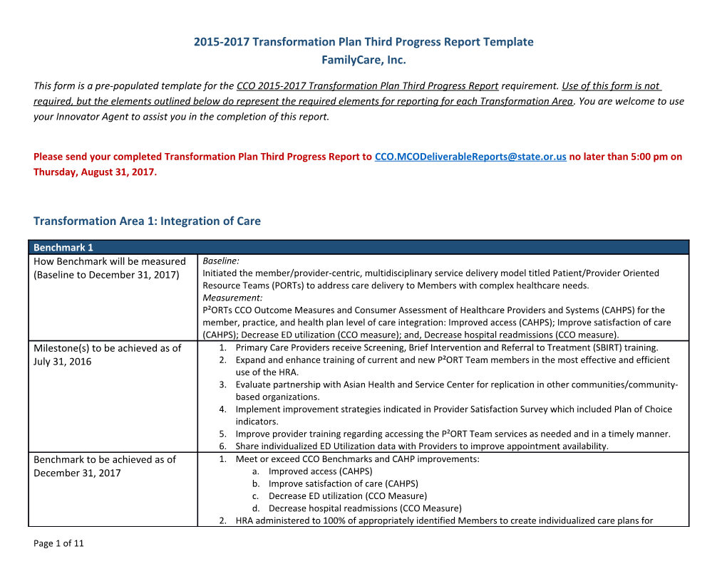 2015-2017 Transformation Plan Third Progress Report Template Familycare, Inc