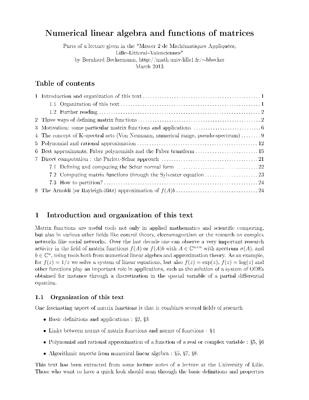 Numerical Linear Algebra and Functions of Matrices