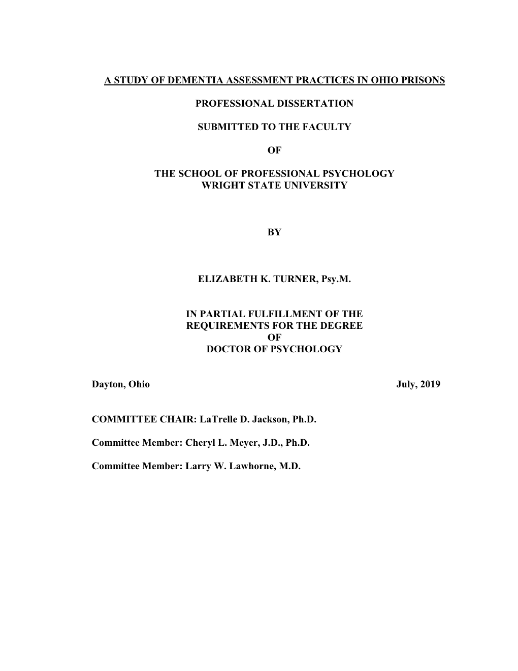 A Study of Dementia Assessment Practices in Ohio Prisons