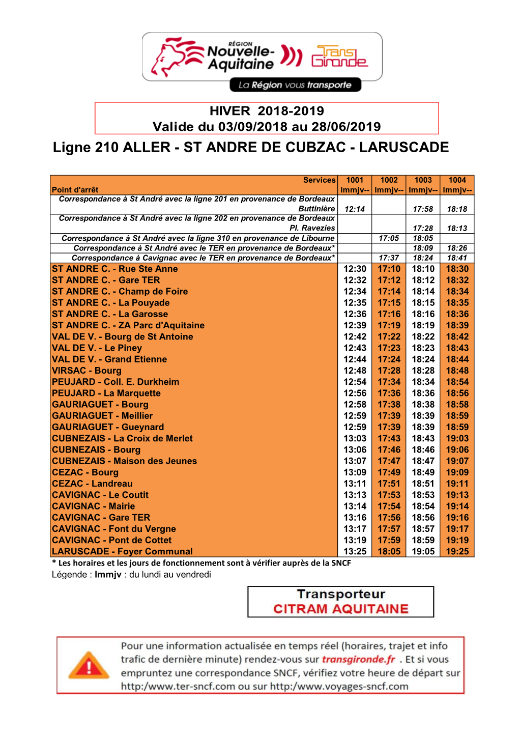 Ligne 210 ALLER - ST ANDRE DE CUBZAC - LARUSCADE