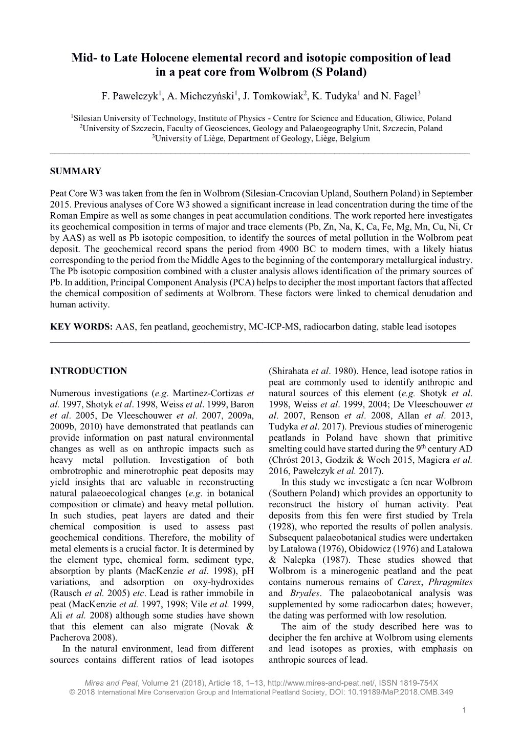 To Late Holocene Elemental Record and Isotopic Composition of Lead in a Peat Core from Wolbrom (S Poland)