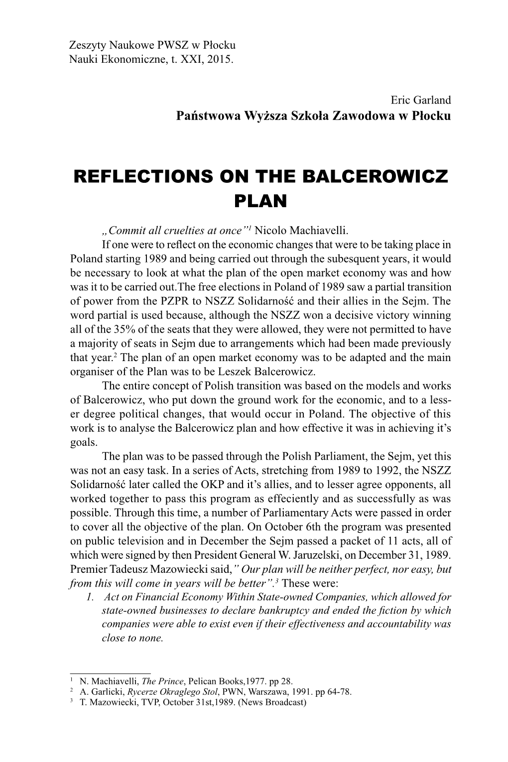 Reflections on the Balcerowicz Plan Eric Garland