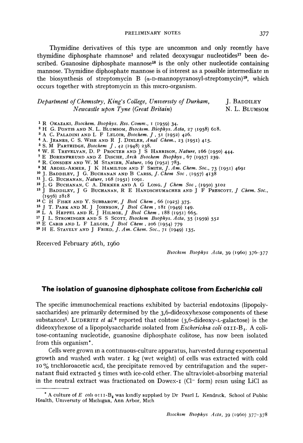 The Isolation of Guanosine Diphosphate Colitose from Escherichia Coli